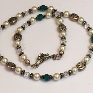 Handmade Faux Pearl, Emerald, Diamond Necklace